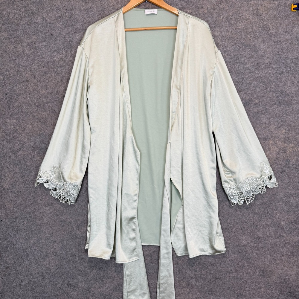 Meshki Annabeth Lace Trim Bridal Robe Womens Small Belted‎ Green Satin Relaxed